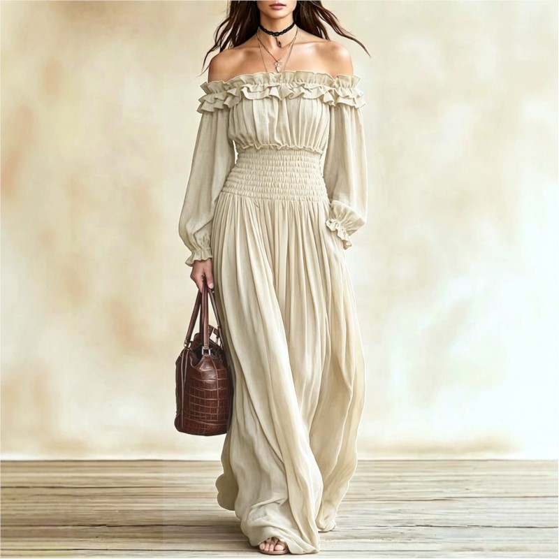 Off Shoulder Puff Sleeve Sundress - Women Off‑Shoulder Ruffle Maxi Dress Long