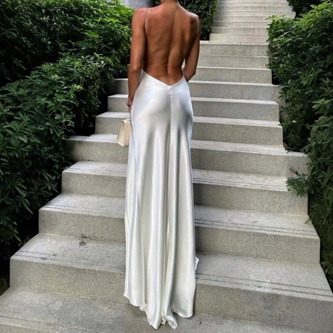 White Satin Maxi Evening Dress - Elegant Satin Evening Gown Split ulasan dan harga