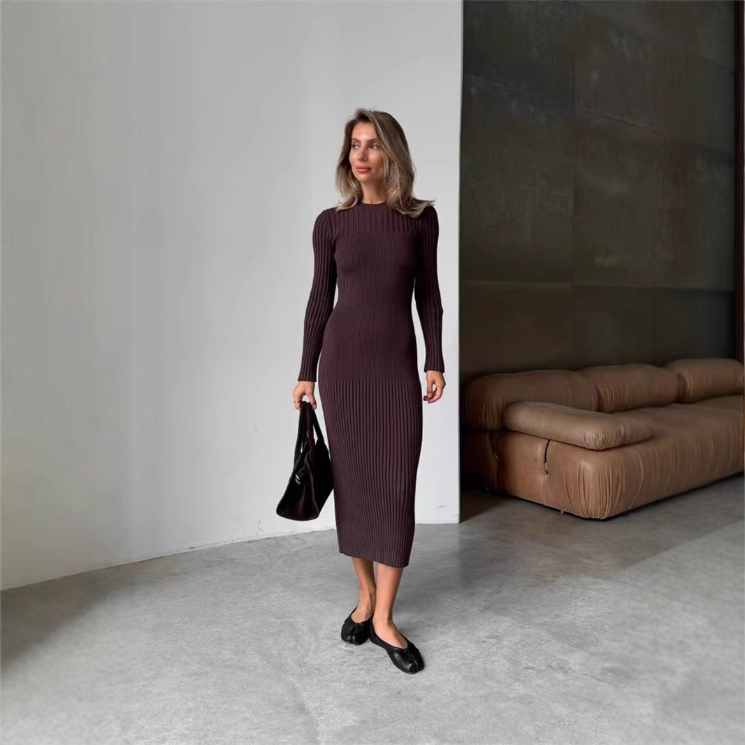 2025 Spring White Khaki Black  - Bodycon Long Sleeve Ribbed Dress ulasan dan harga