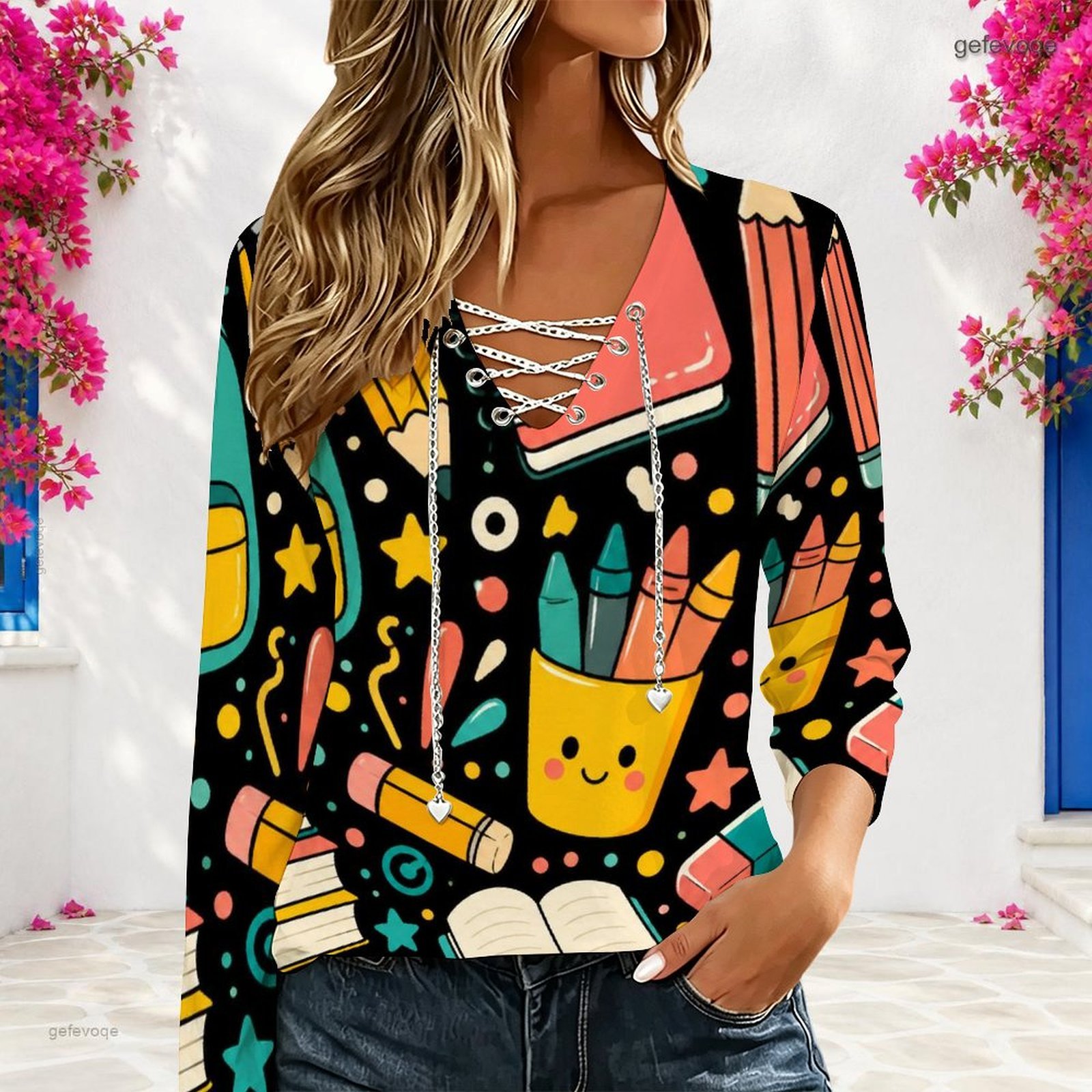 Women V Neck Long Sleeve Top M - Blouses ulasan dan harga