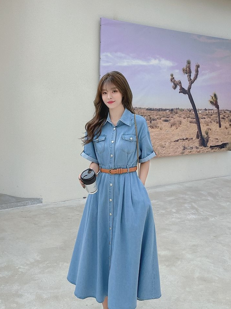 Women's Denim Dress 2026 Summe - Korean Style A Line Shirt Dress ulasan dan harga