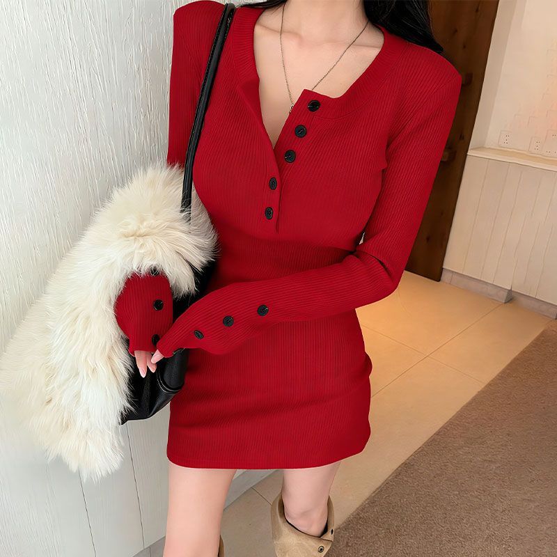 Y2k Women's Bodycon Knit Dress - Bodycon Long Sleeve Ribbed Dress ulasan dan harga