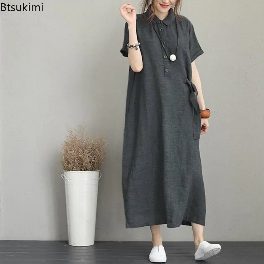 2026 Summer Dress Simple Vinta - Casual Loose Linen Shirt Dress ulasan dan harga