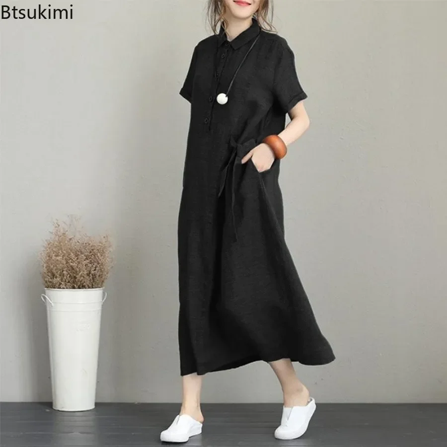 2026 Summer Dress Simple Vinta - Casual Loose Linen Shirt Dress ulasan dan harga