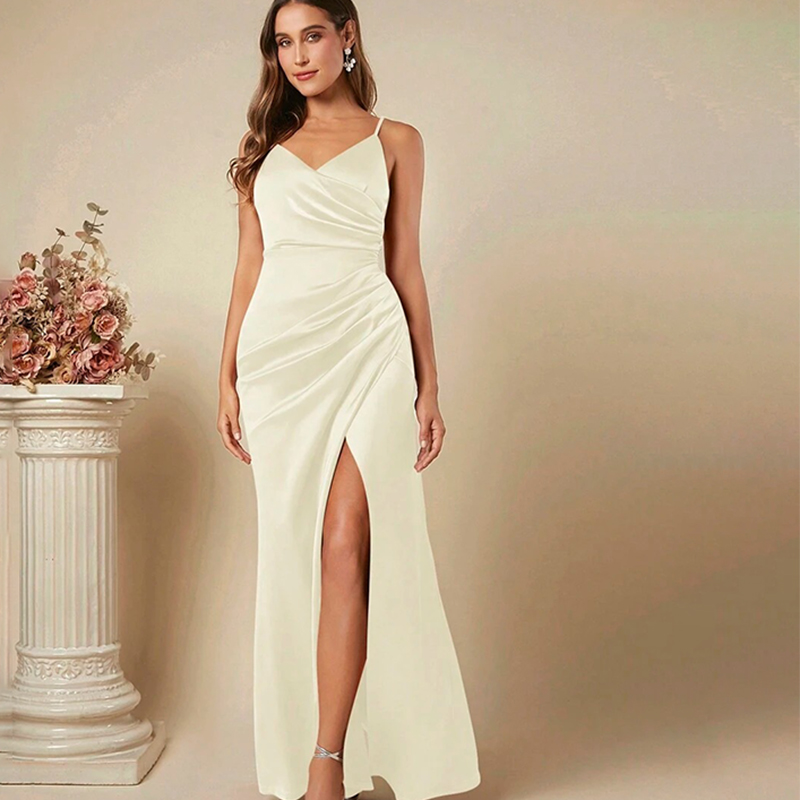 Women Elegant Satin Suspender  - Elegant Satin Evening Gown Split ulasan dan harga