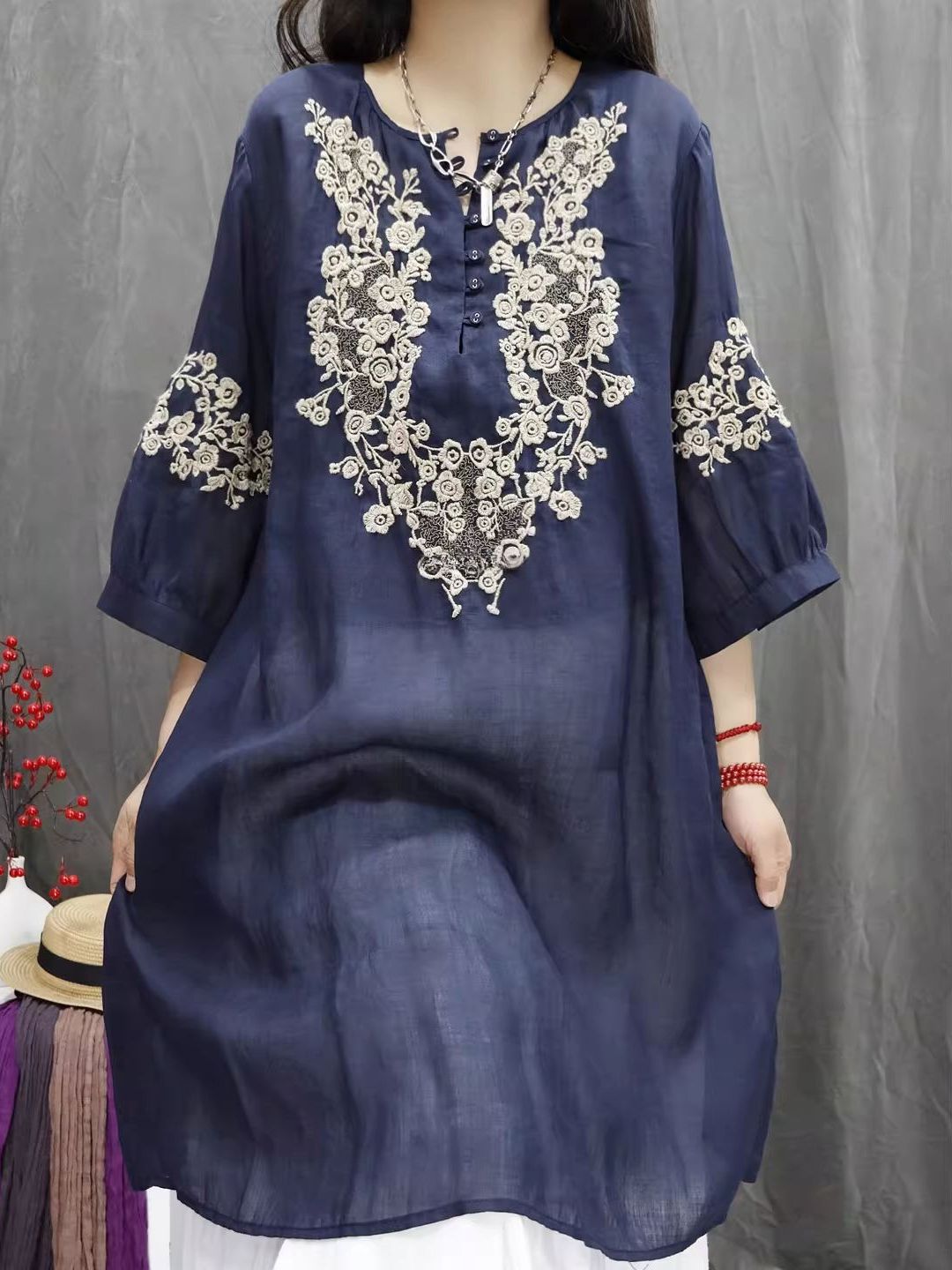 Retro Cotton Linen Embroidered - Casual Loose Linen Shirt Dress ulasan dan harga