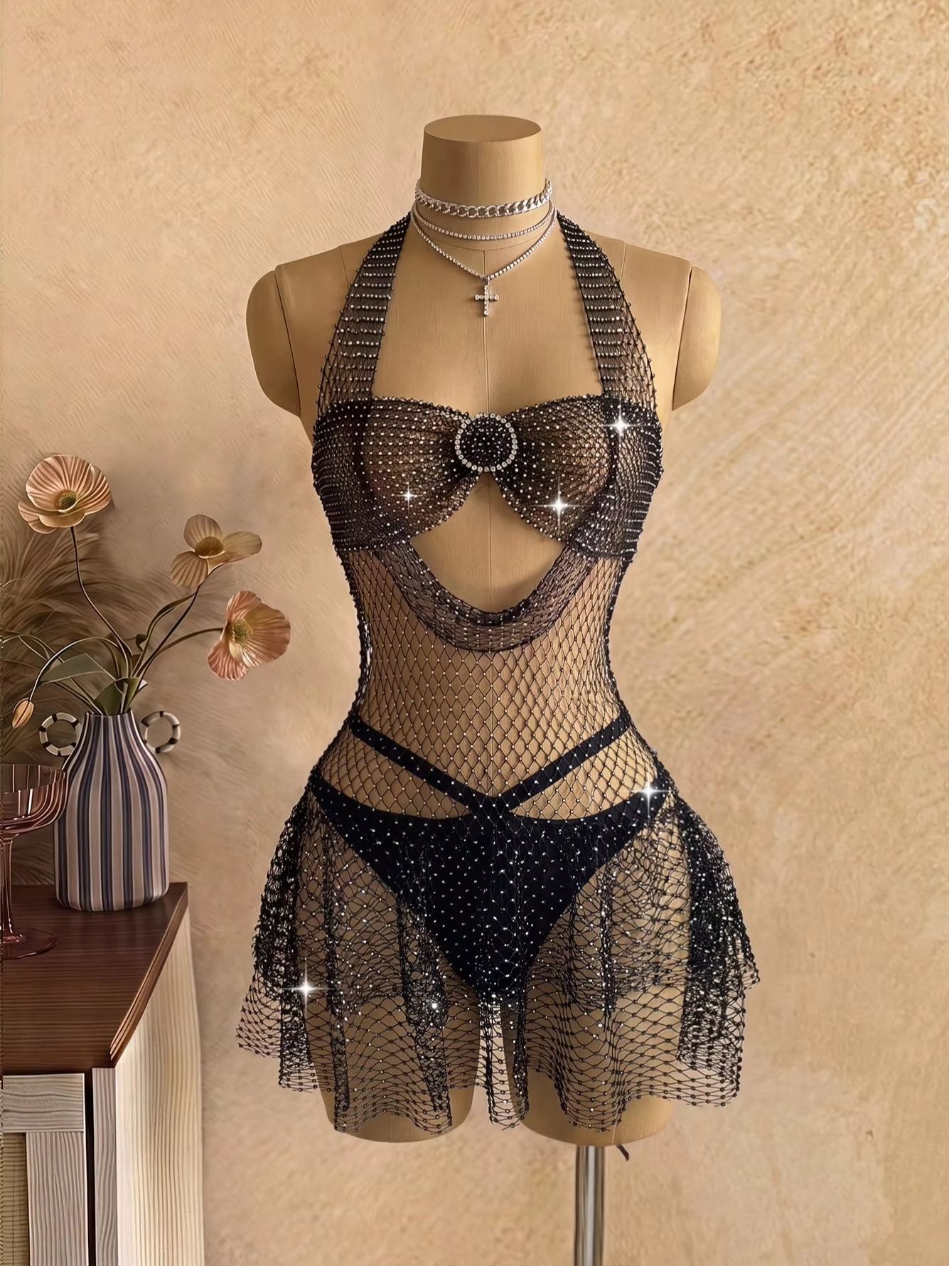 Black Rhinestone Mesh Halter D - Sparkly Rhinestone Club Party Dress ulasan dan harga