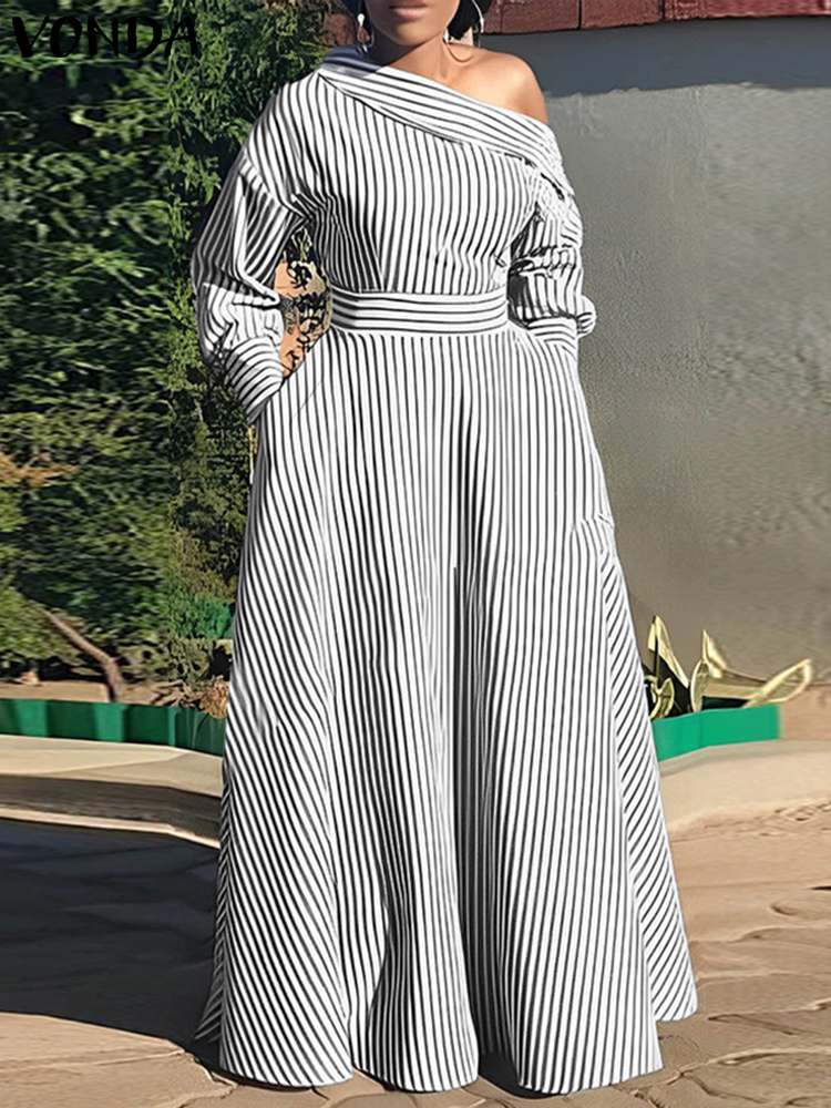 VONDA 2024 Women Elegant Strip - Off Shoulder Puff Sleeve Sundress ulasan dan harga