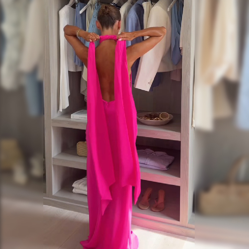Women Halter Satin Maxi Dress  - Elegant Satin Evening Gown Split ulasan dan harga