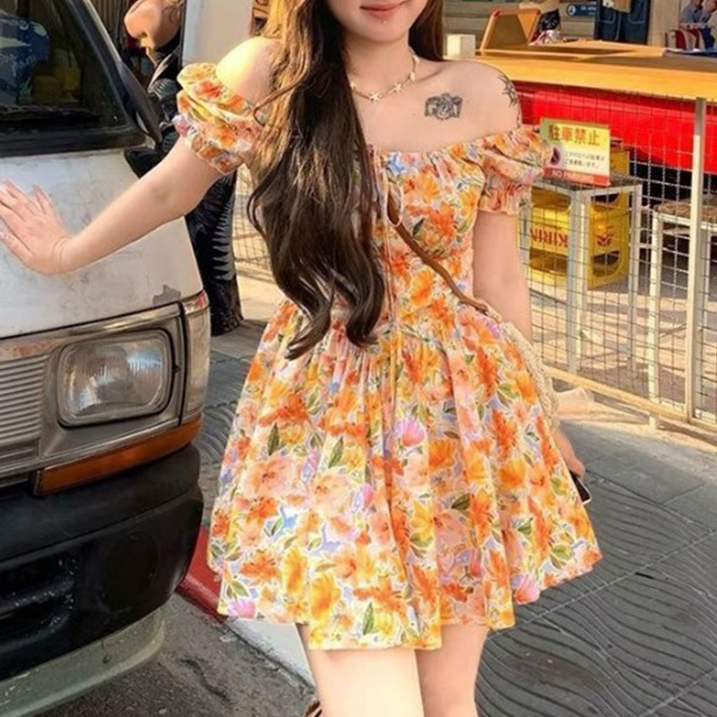 2026 new Orange Floral Print O - Off Shoulder Puff Sleeve Sundress ulasan dan harga