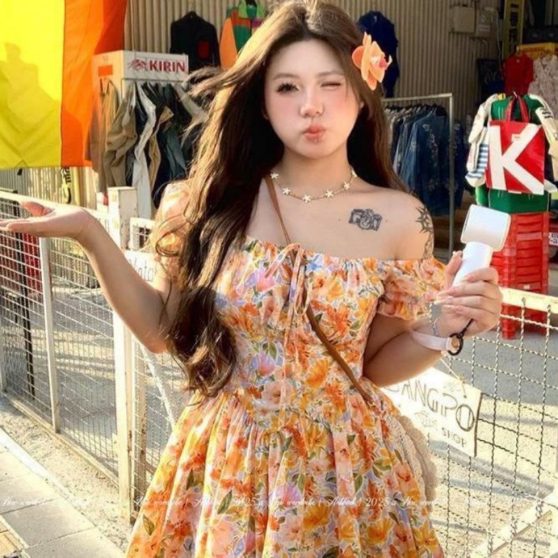 2026 new Orange Floral Print O - Off Shoulder Puff Sleeve Sundress ulasan dan harga