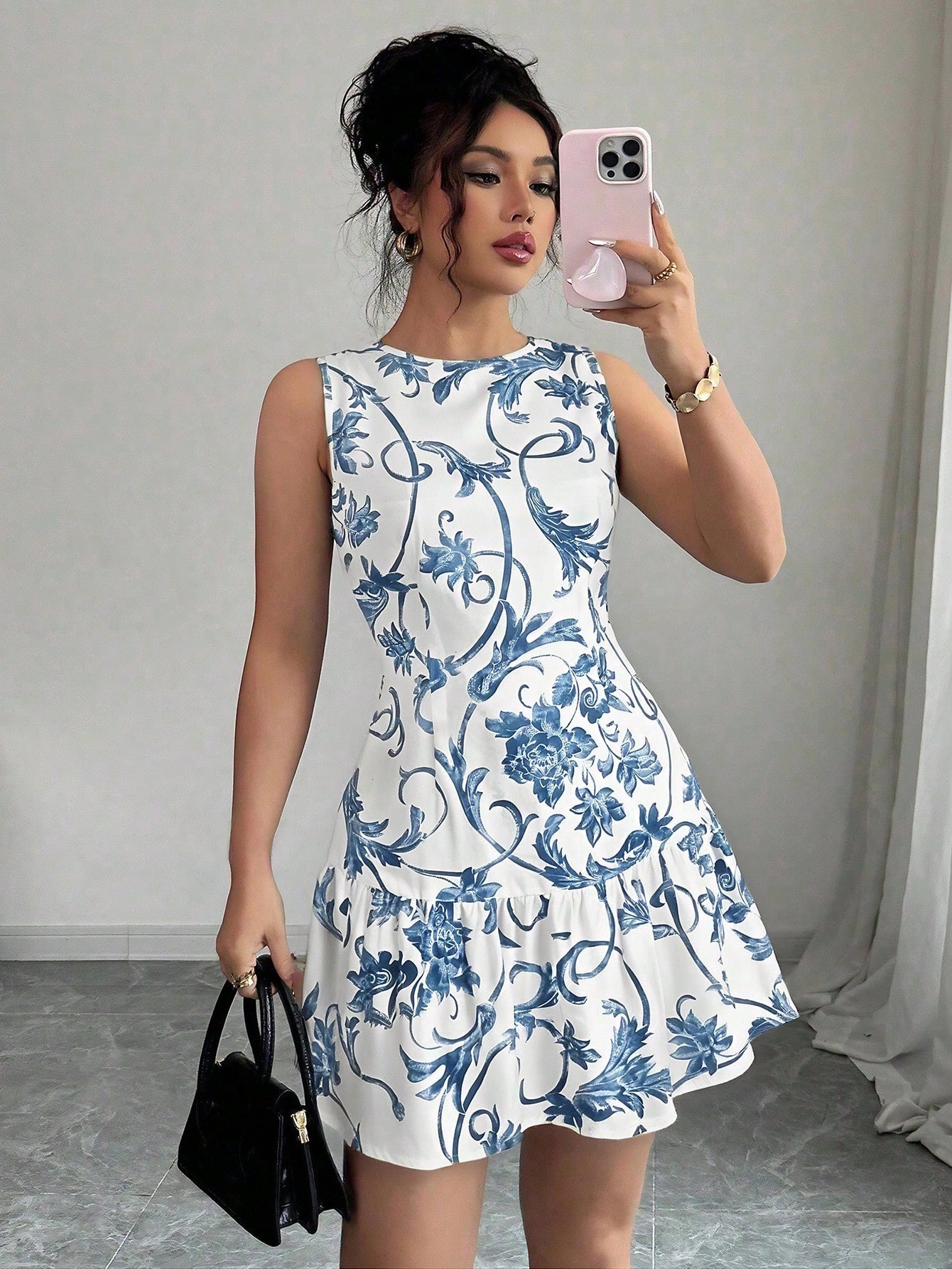 Women's Floral Print Sleeveles - French Vintage Floral Midi Dress ulasan dan harga