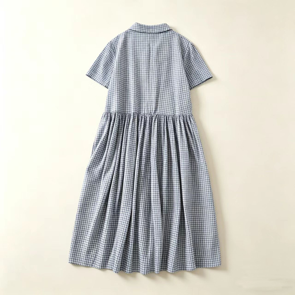 Blue Plaid  Collar Midi Dress  - Casual Loose Linen Shirt Dress ulasan dan harga