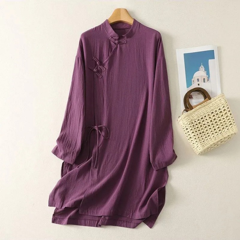 Women's Chinese Style Frog But - Casual Loose Linen Shirt Dress ulasan dan harga