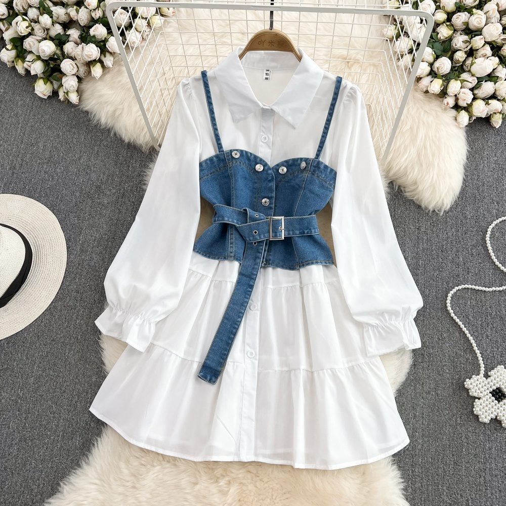 Retro Hong Kong Style Long Sle - Korean Style A Line Shirt Dress ulasan dan harga