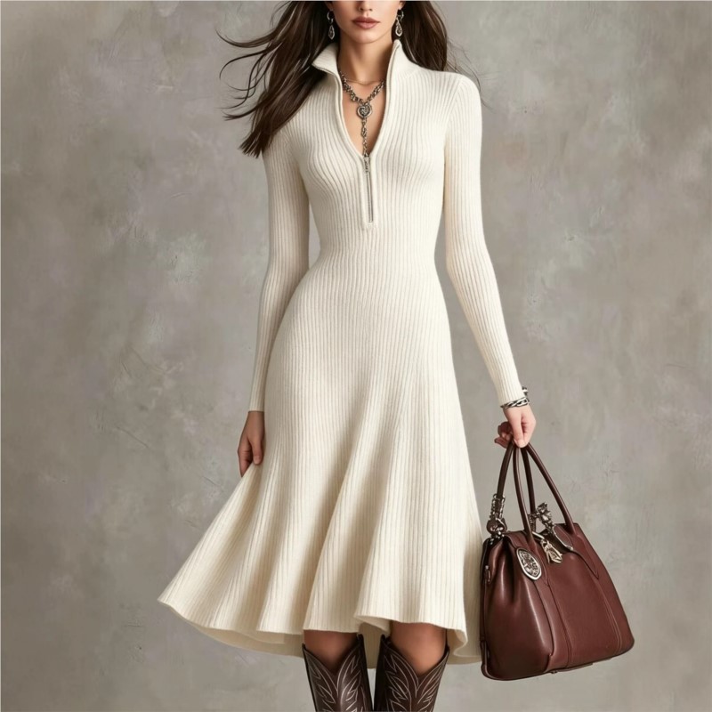 Women Ribbed Knit Midi Dress A - Bodycon Long Sleeve Ribbed Dress ulasan dan harga