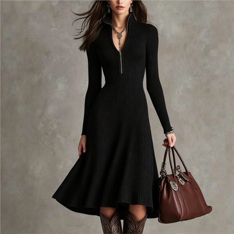 Women Ribbed Knit Midi Dress A - Bodycon Long Sleeve Ribbed Dress ulasan dan harga