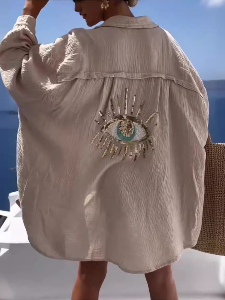 Summer Casual Sequin Eye Shirt - Casual Loose Linen Shirt Dress ulasan dan harga