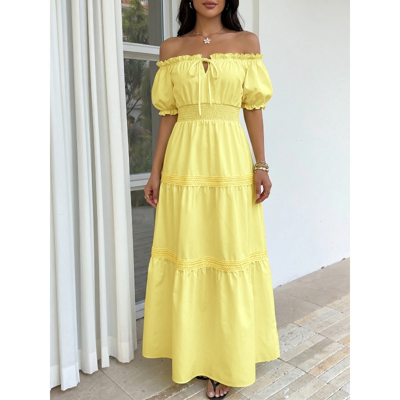 Summer Bohemian Women Yellow O - Off Shoulder Puff Sleeve Sundress ulasan dan harga
