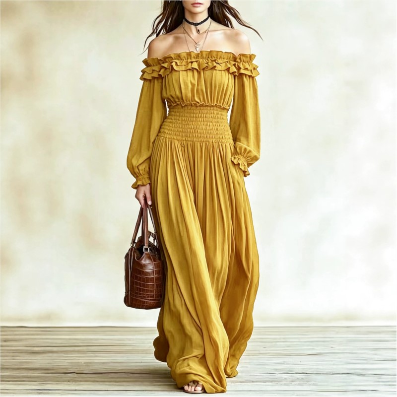 Off Shoulder Fashion Maxi Dres - Off Shoulder Puff Sleeve Sundress ulasan dan harga
