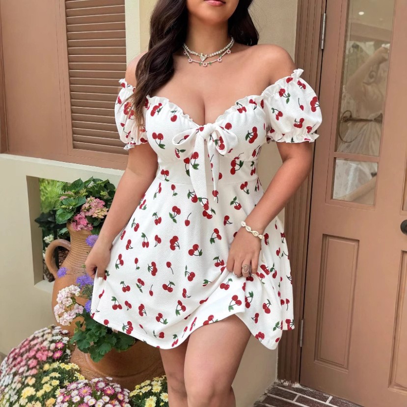 Summer Woman Dress Floral Prin - Off Shoulder Puff Sleeve Sundress ulasan dan harga