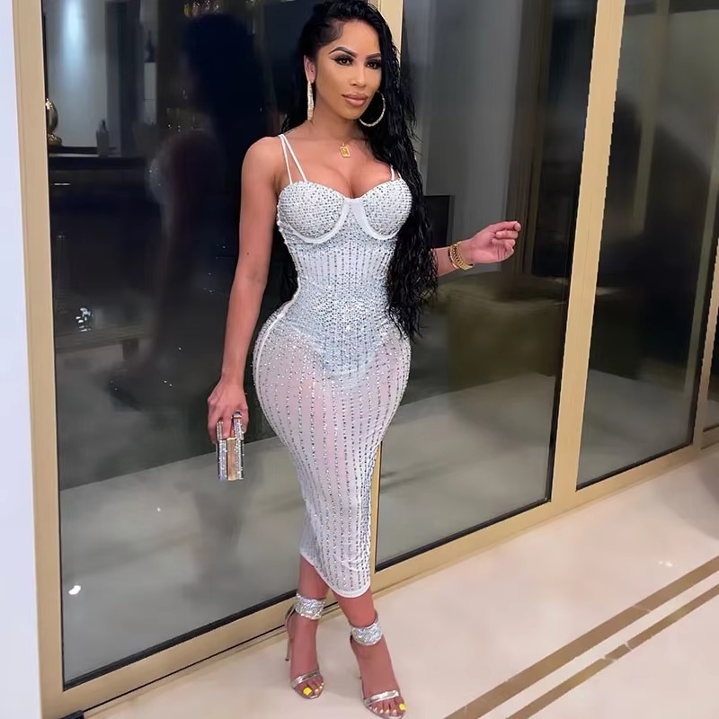 Sexy See Through Rhinestone Dr - Sparkly Rhinestone Club Party Dress ulasan dan harga