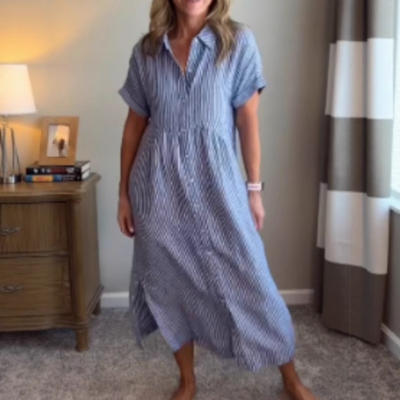 Women Striped Shirt Dress Summ - Casual Loose Linen Shirt Dress ulasan dan harga