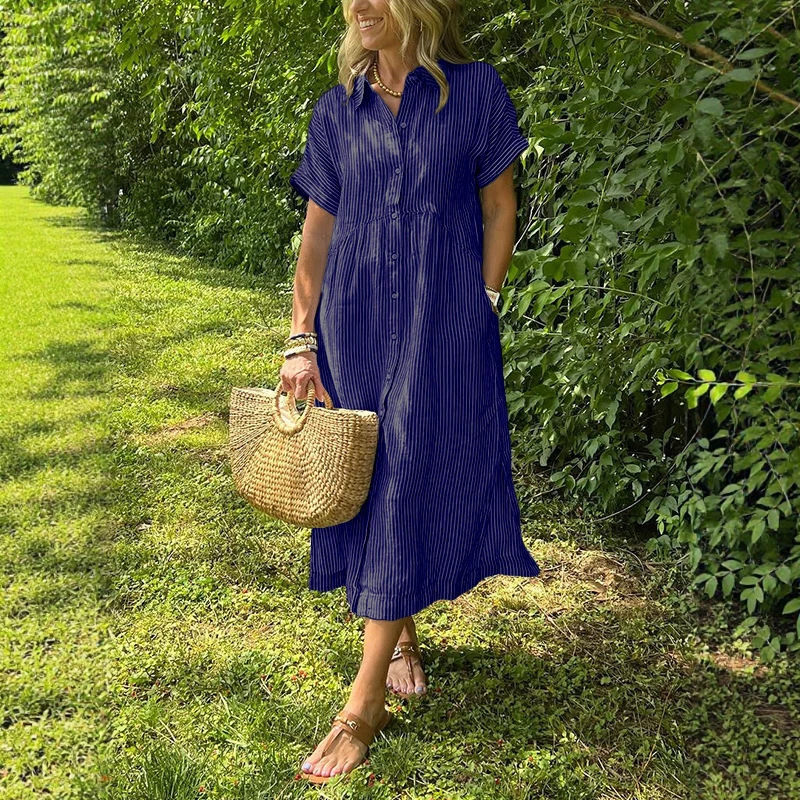 Women Striped Shirt Dress Summ - Casual Loose Linen Shirt Dress ulasan dan harga