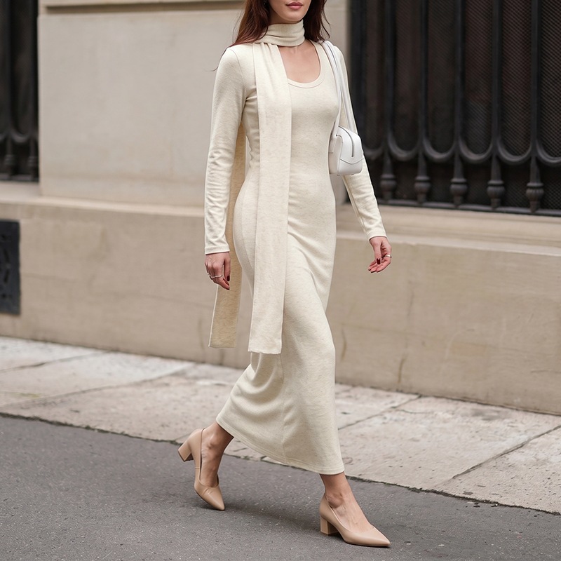 Women Elegant Ribbed Knit Maxi - Bodycon Long Sleeve Ribbed Dress ulasan dan harga