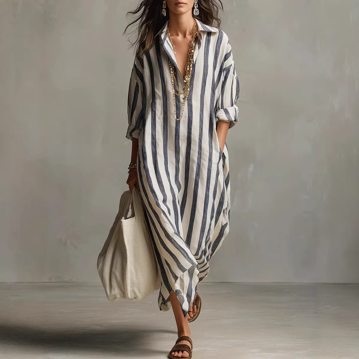 Summer Elegant Turn Down Colla - Casual Loose Linen Shirt Dress ulasan dan harga