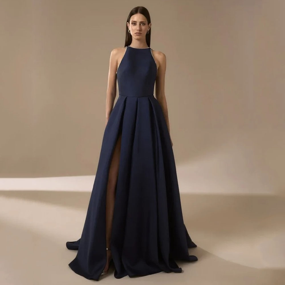Navy Blue Satin Evening Dresse - Elegant Satin Evening Gown Split ulasan dan harga