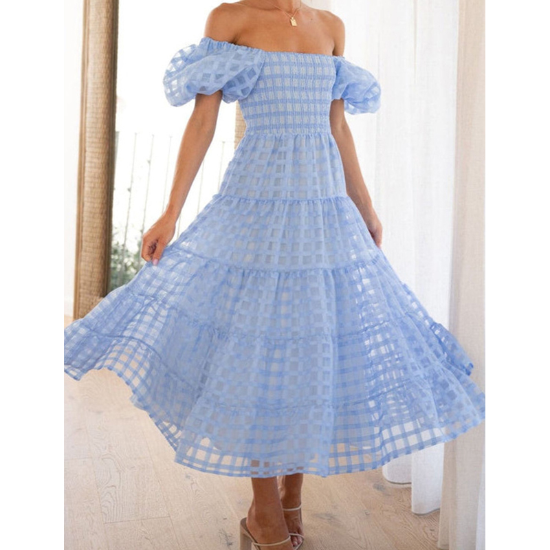 Elegant Off Shoulder Women's S - Off Shoulder Puff Sleeve Sundress ulasan dan harga