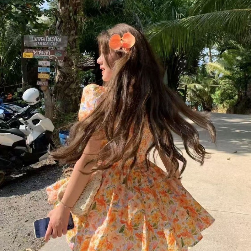 Hotsale Orange Floral Print Of - Off Shoulder Puff Sleeve Sundress ulasan dan harga